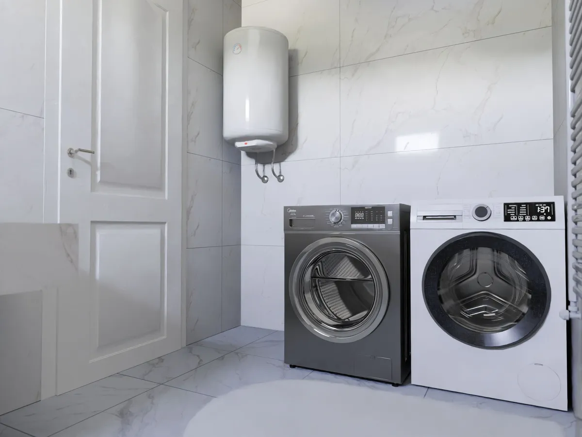 Tiled laundry room with two front-load washing machines and a wall-mounted water heater above them