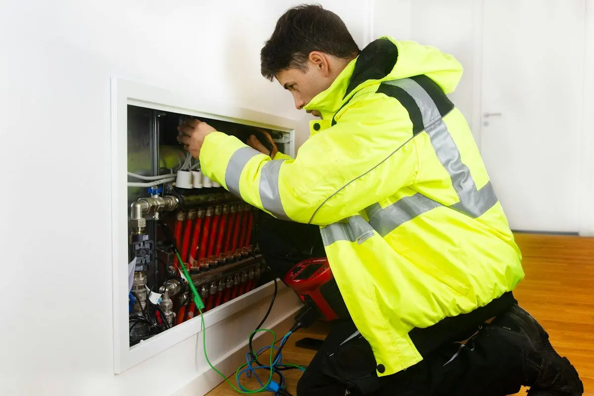 Heating technician working on a wall-mounted heating system manifold
