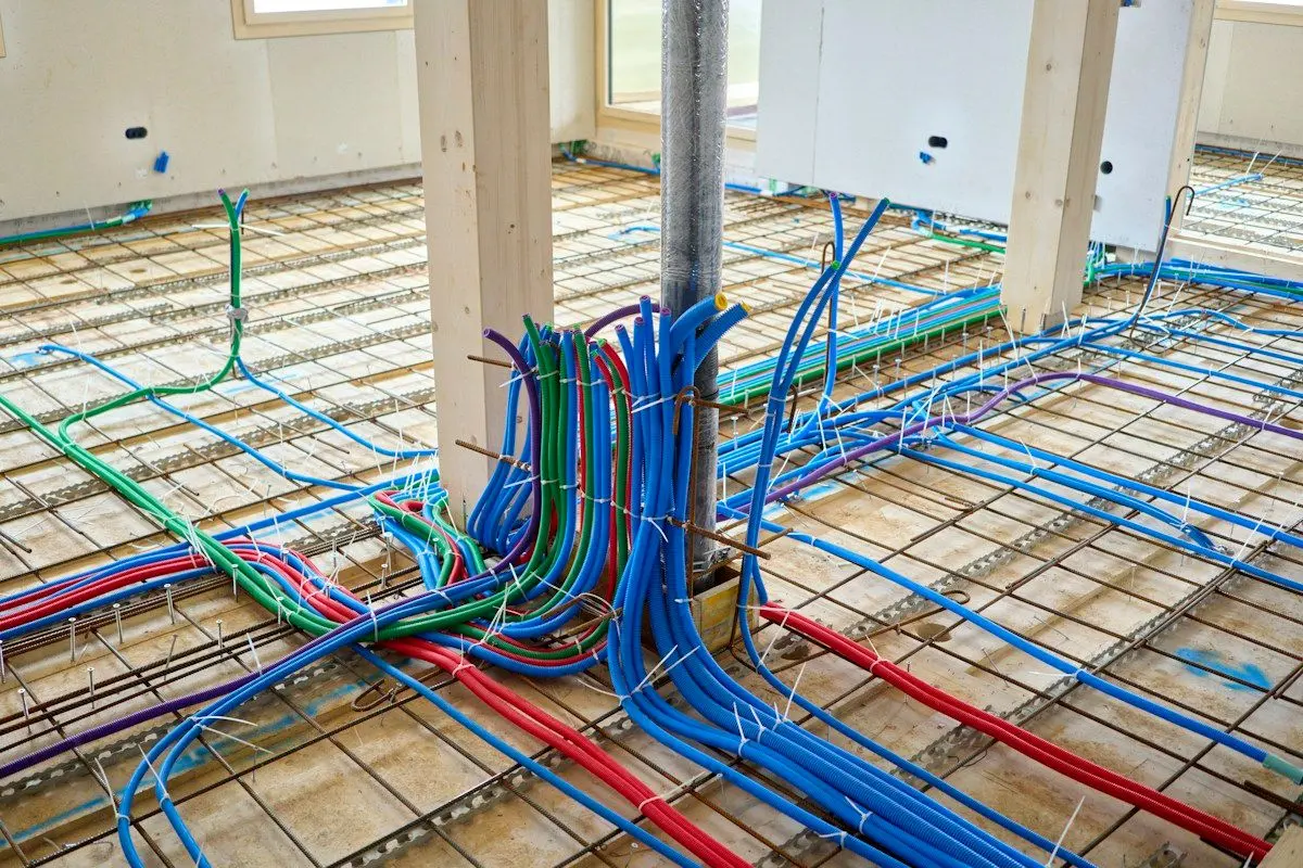 Red and blue PEX supply lines laid out across a floor during a whole-house repipe