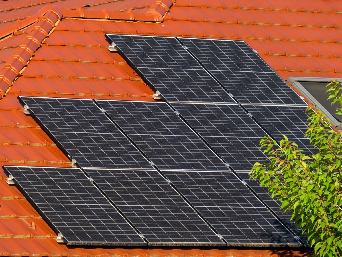 Rows of black solar panels mounted on a red clay tile roof next to a skylight and a leafy branch
