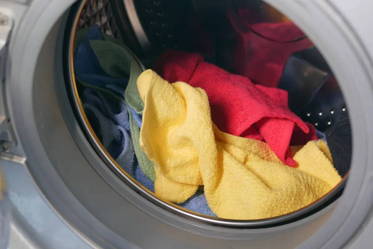 Laundry inside a front-load washing machine drum