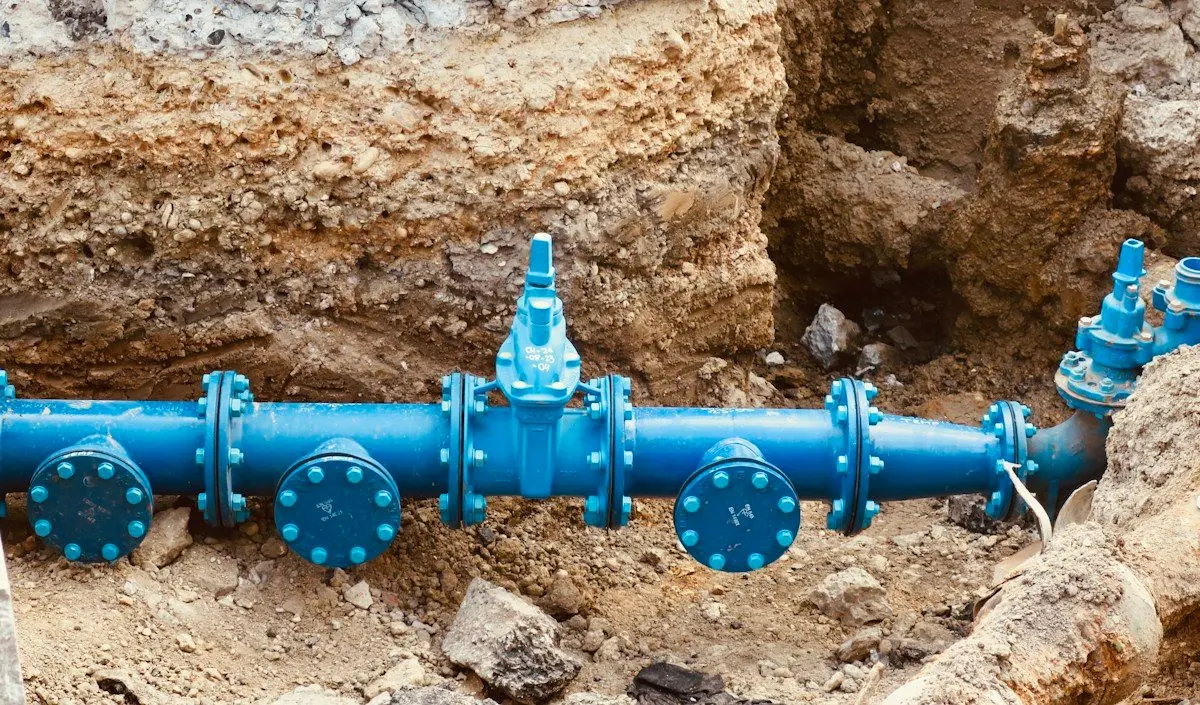 New blue water main pipe and valves in an excavated trench