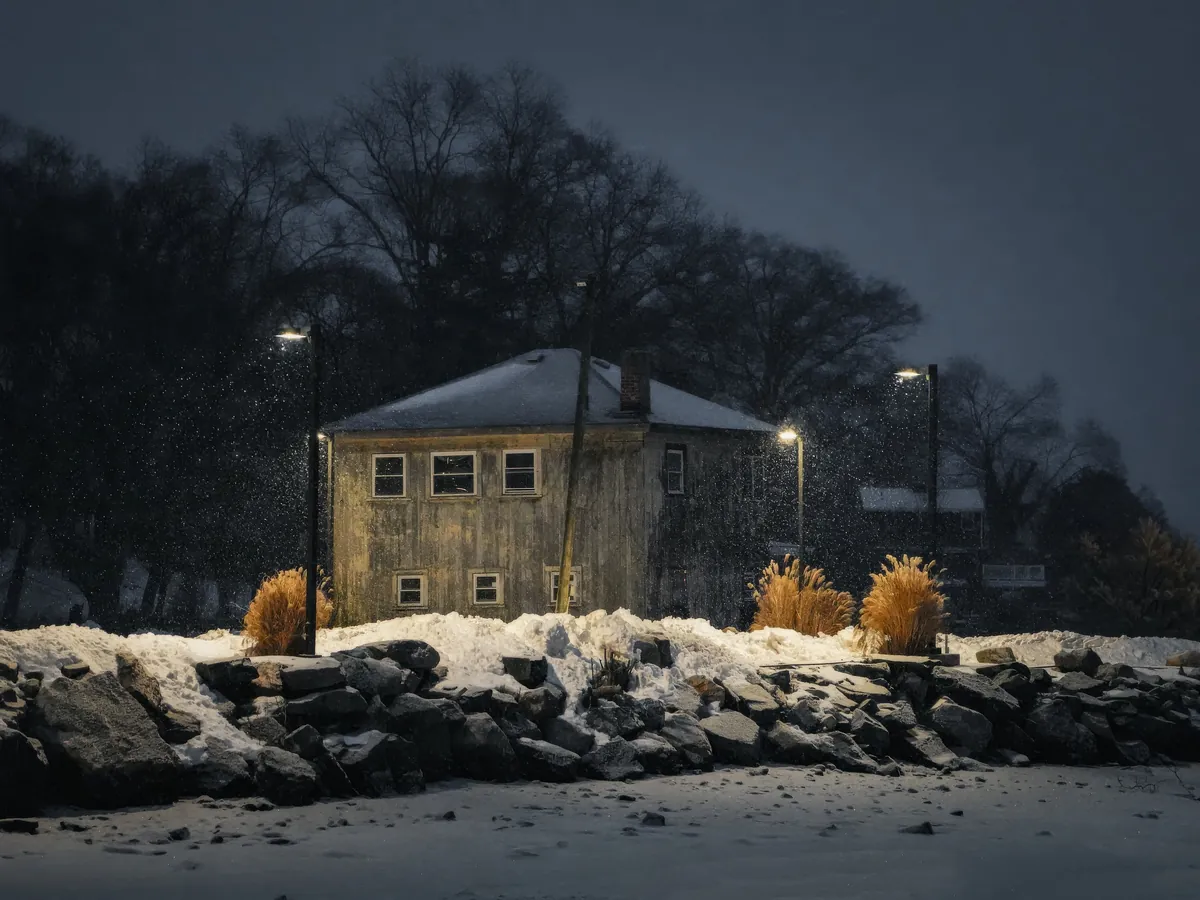 Snowy house at dusk with warm lit windows