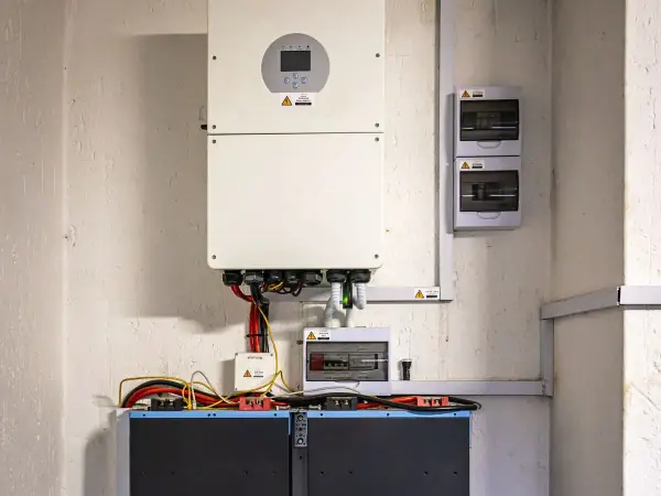 Home solar battery and inverter installed on a garage wall